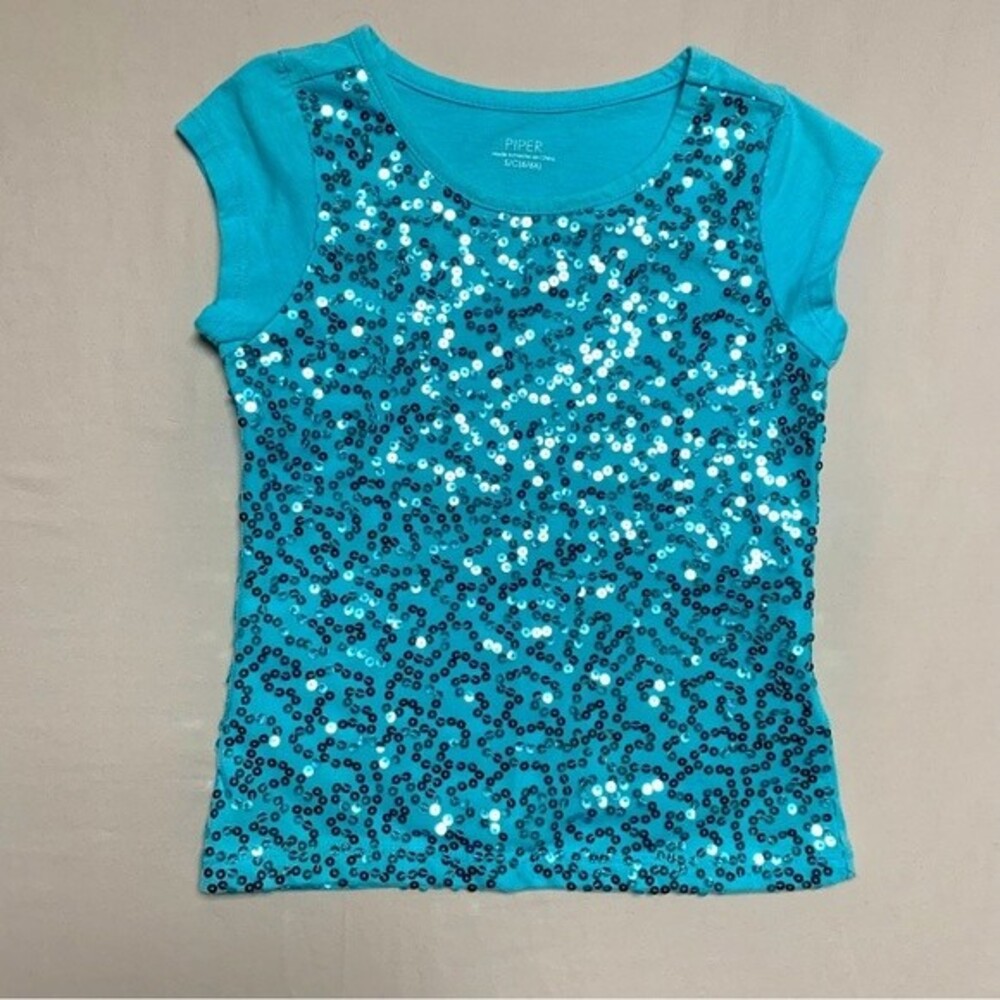 Sequin Turquoise Blue Girl’s 6 Small Top Glam Summer Beach Pool Play Camp
